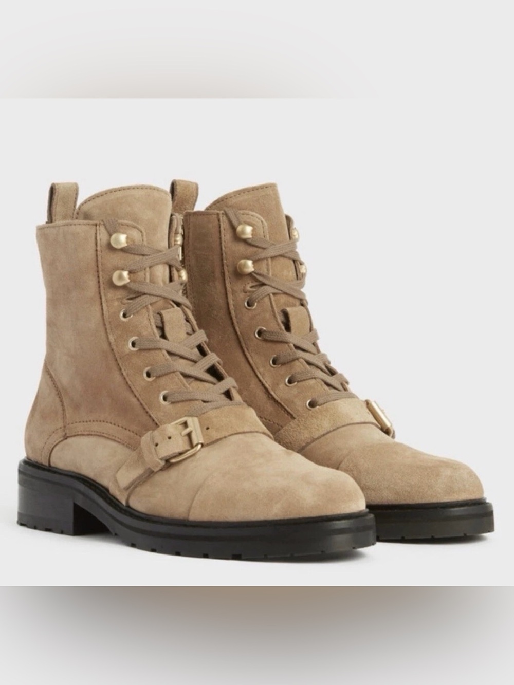 AllSaints Donita Tan Suede Side Zip Lace-Up Combat Boots Size 38